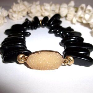 Plunder Stretch Bracelet Black and Yellow Druzy Drusy Woman Gold Jewelry D032